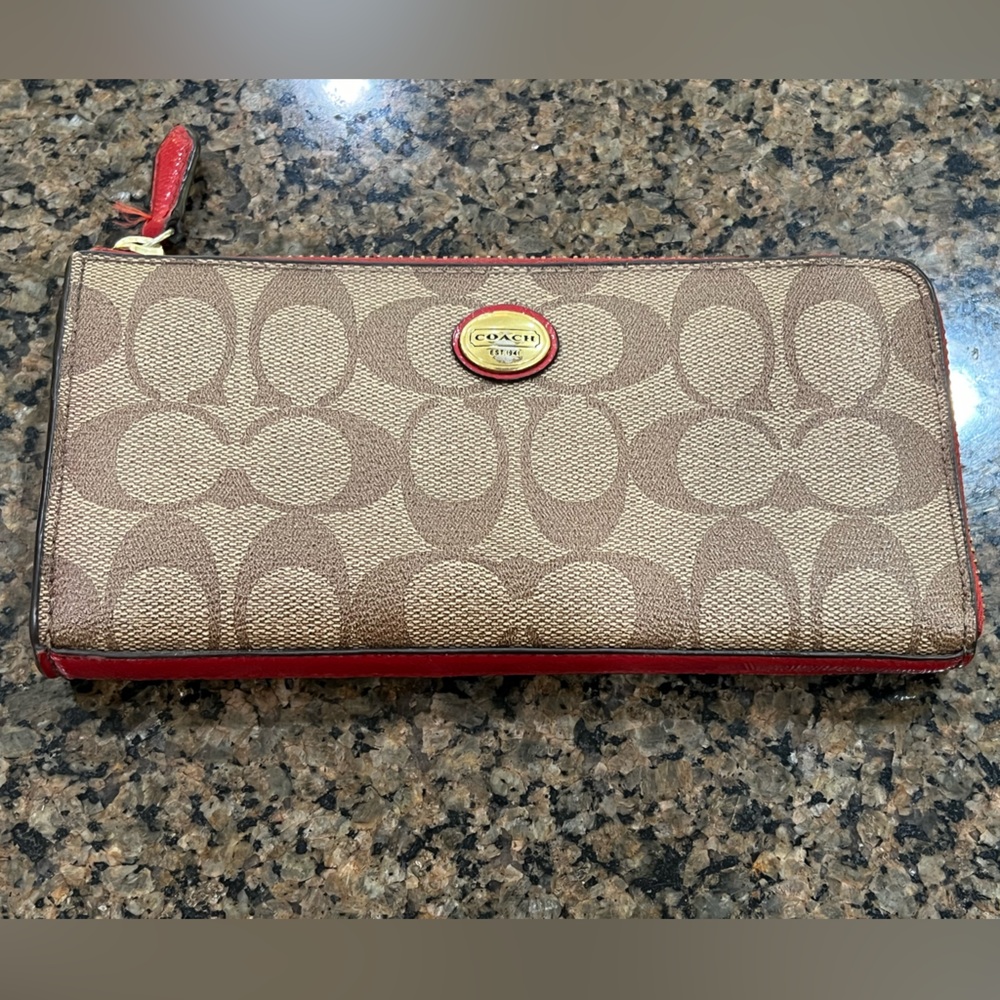 Coach wallet- red and signature tan canvas zippered wallet